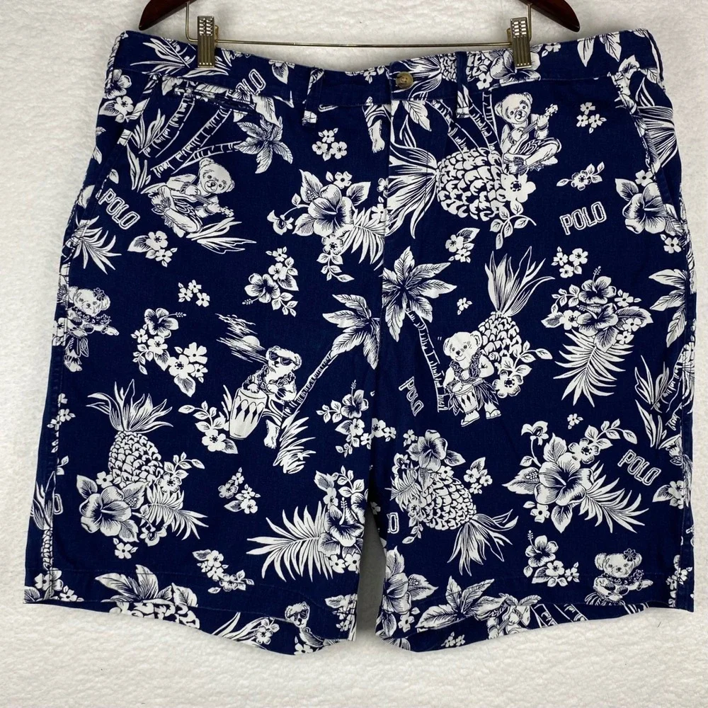 Polo Ralph Lauren Men Relaxed Fit Navy Aloha Bear Pineapple Print Shorts Size 42